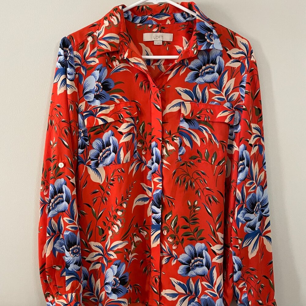 Ann Taylor LOFT Long Sleeve Floral Blouse Orange Blue flowers hawaiian look - Picture 3 of 10
